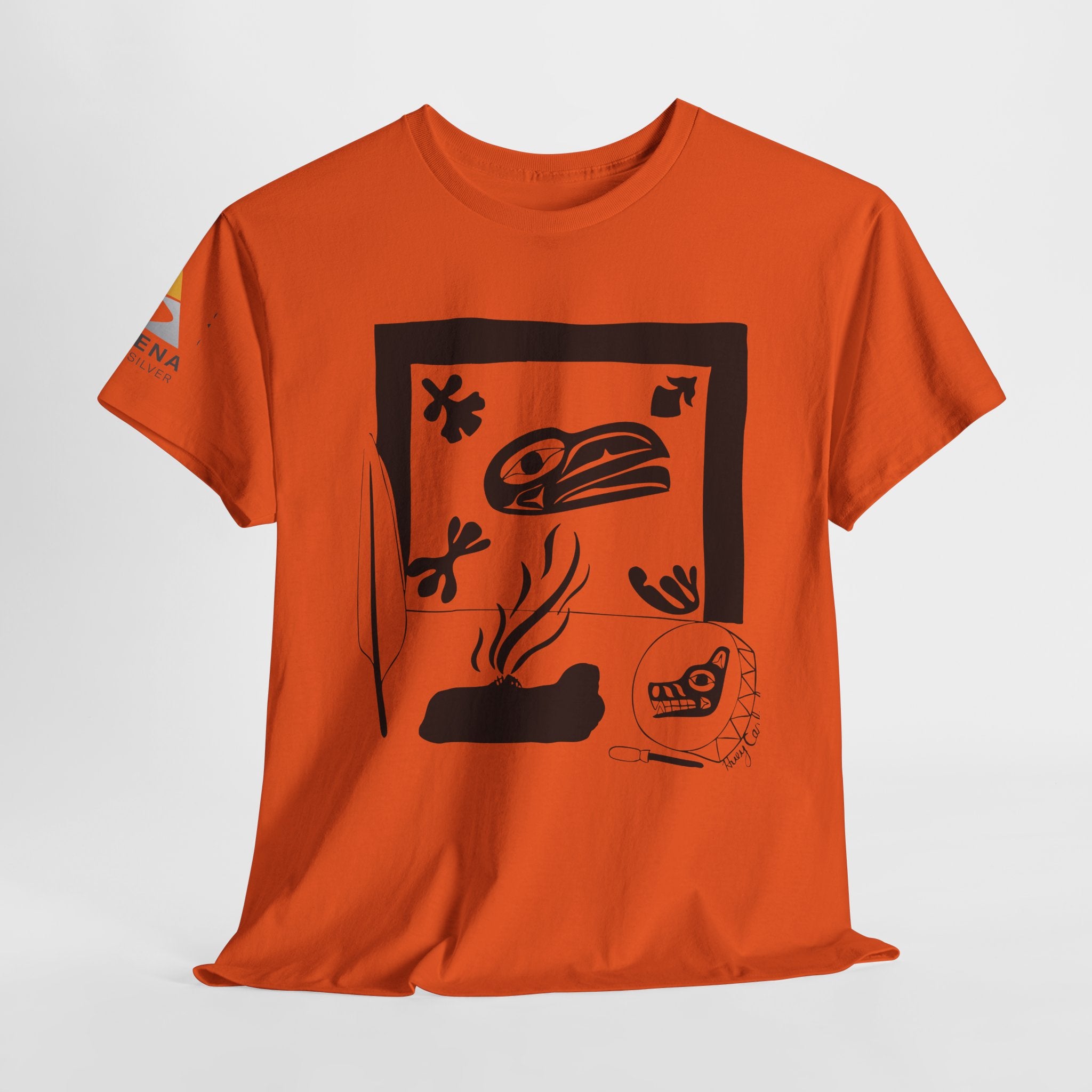 Skeena Orange Shirt with Sleeve Print Vibrant Unisex Heavy Cotton Tee with Artistic Print - Graphic Tee, Casual Wear, Gift Idea, Summer Style, Festival Top