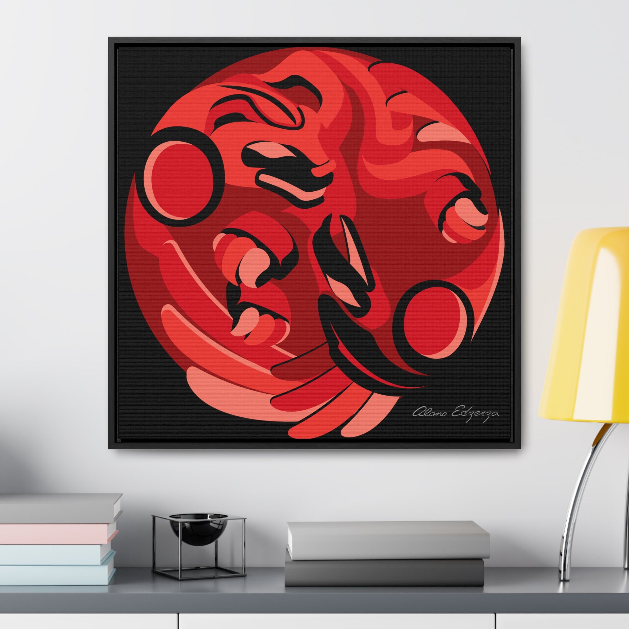 Copy of Raven and the Bear on Blue Square Framed Premium Gallery Wrap Canvas