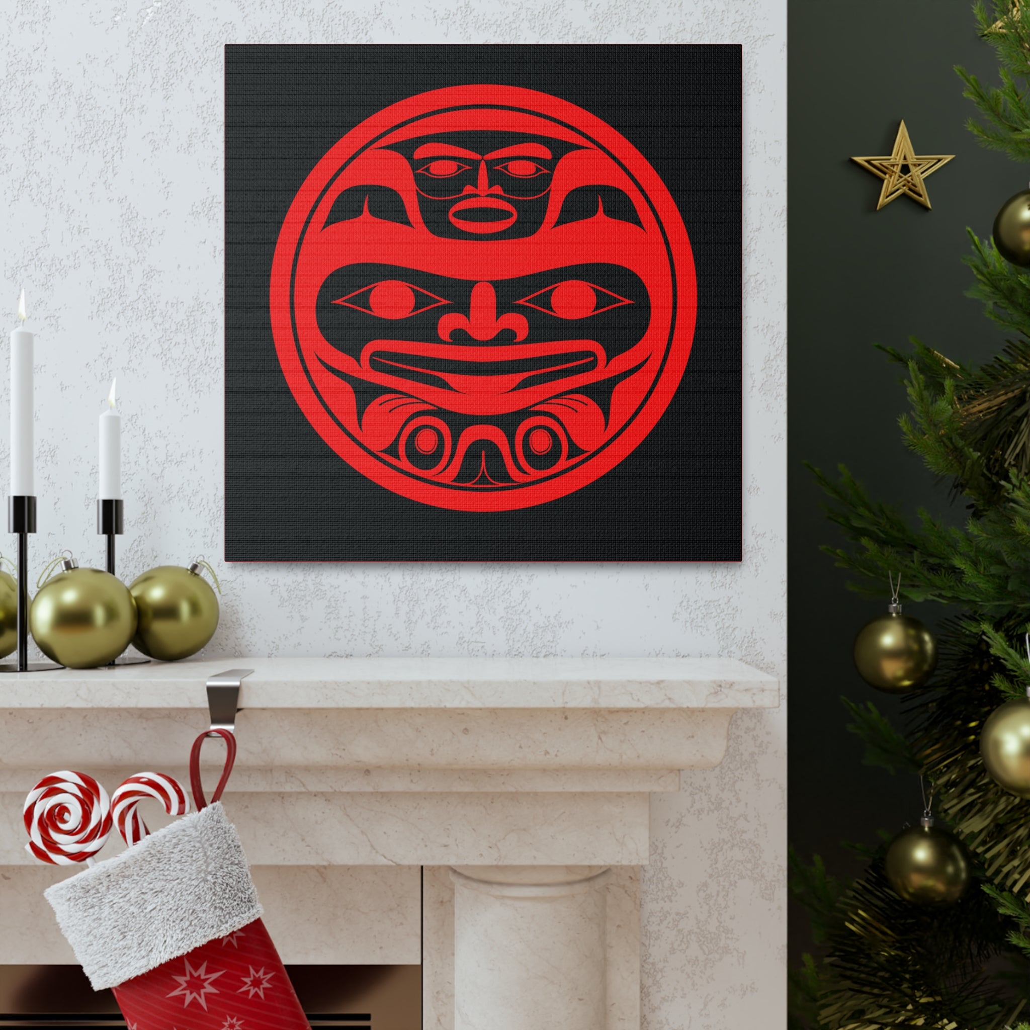 Red on Black Round Bear Canvas Gallery Wraps