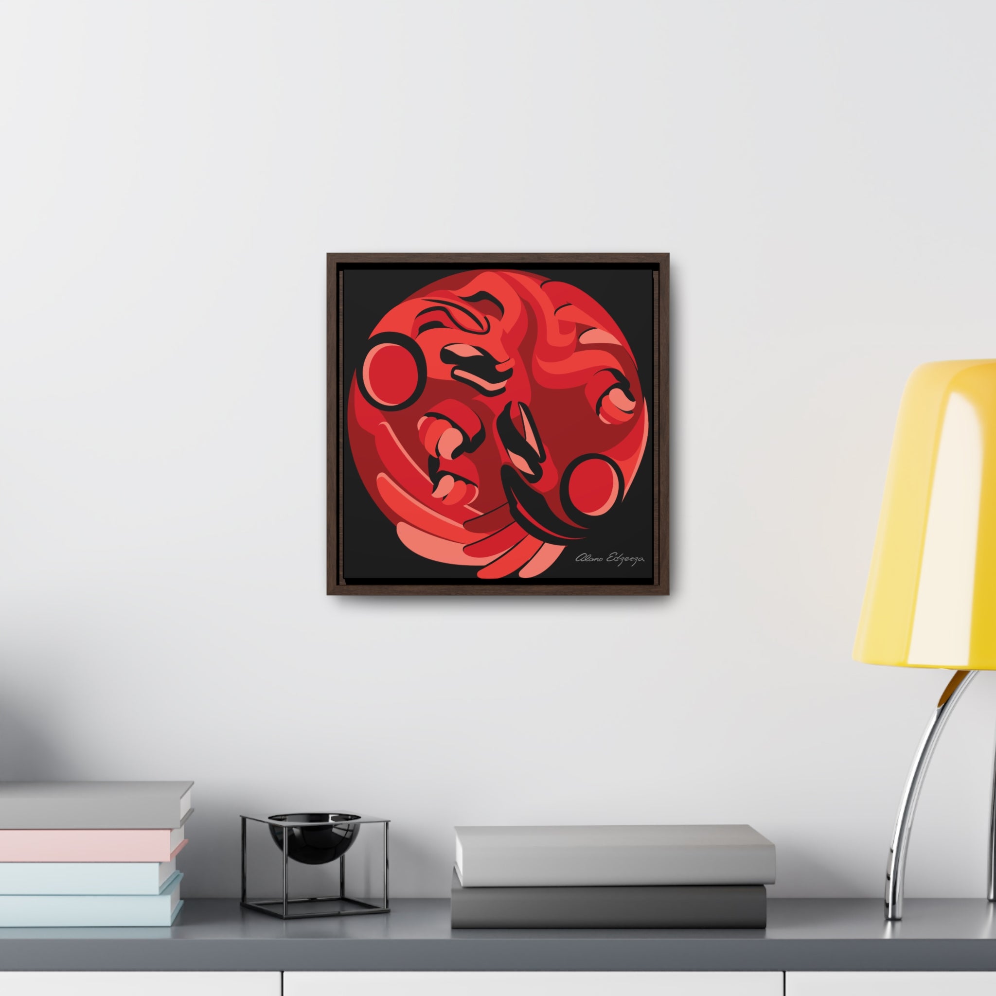 Copy of Raven and the Bear on Blue Square Framed Premium Gallery Wrap Canvas