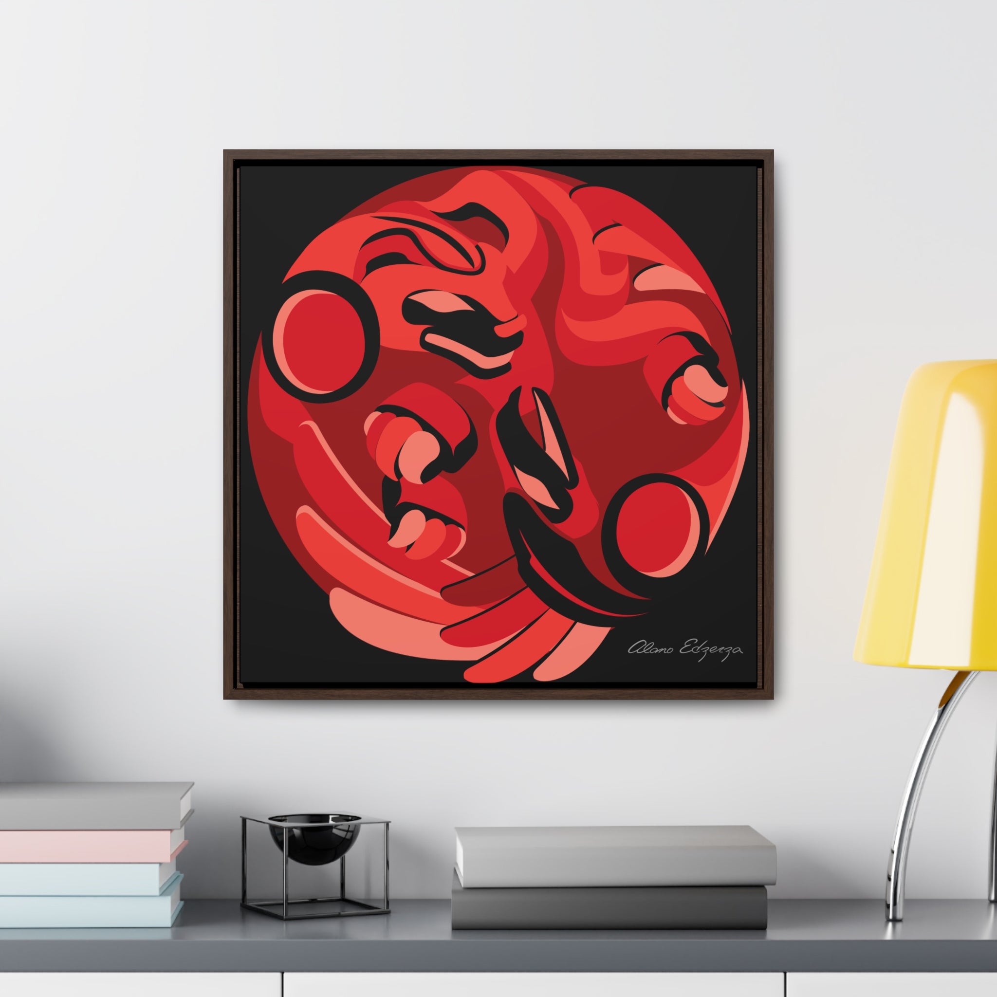 Copy of Raven and the Bear on Blue Square Framed Premium Gallery Wrap Canvas