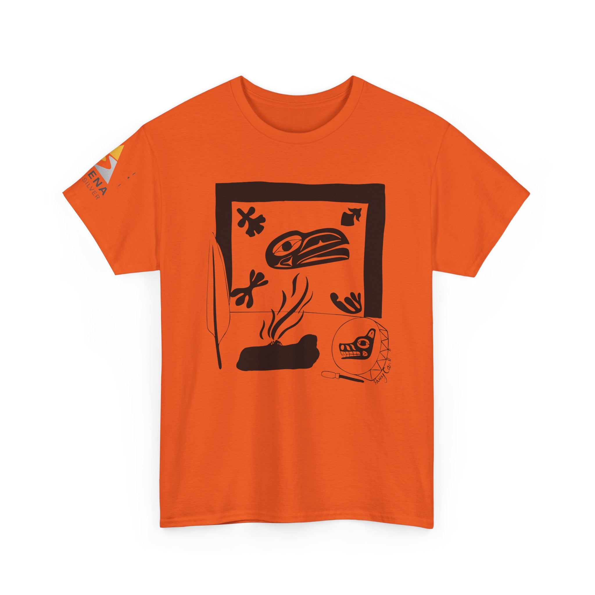Skeena Orange Shirt with Sleeve Print Vibrant Unisex Heavy Cotton Tee with Artistic Print - Graphic Tee, Casual Wear, Gift Idea, Summer Style, Festival Top