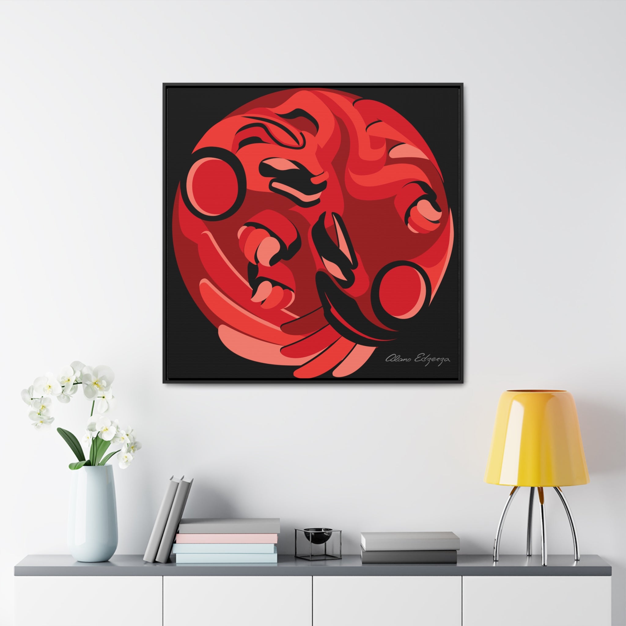 Copy of Raven and the Bear on Blue Square Framed Premium Gallery Wrap Canvas